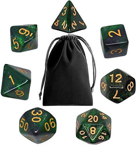 Polyedrische RPG Würfel, polyedrische DND Würfelset mit Würfelbeuteln für Dungeon und Drachen D&D MTG Rollenspielkarte Tischspiele Grün Mix Schwarz Nebula Würfel