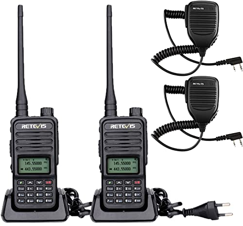Retevis RT85 Walkie Talkie Dualband mit Tragbarem Lautsprechermikrofon, Funkgerät mit Großer Reichweite und LED-Anzeige, 200 Kanälen, VOX für Jagd, Autofahren, Camping (Schwarz, 2 Stück)