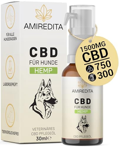 AMIREDITA CBD Öl Hund - 1500 mg Cannabidiol in Bio Hanfsamenöl - 30ml - Deutsche Qualitätsmarke, laborgeprüft, Zertifiziert - CBD Öl Hunde, CBD Öl Tiere, CBD Hund, CBD Tropfen Hund, CBD Öl 5%
