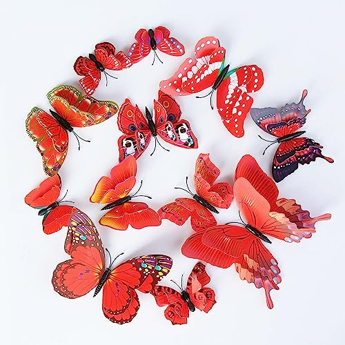 OPSEAM Lot de 24/48 papillons décoratifs muraux 3D pour décorations de fête avec aimants (rouge, 24)