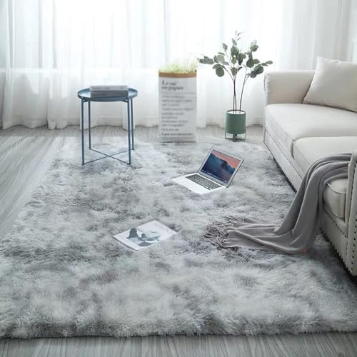 Treer Alfombra de Pelo Largo para Salón, Alfombras Dormitorio Modernas Lavables Antideslizante, Alfombra Shaggy Tie-Dye, Esponja Alfombra área para Ventana de Bahia (80x160cm,Gris Claro)
