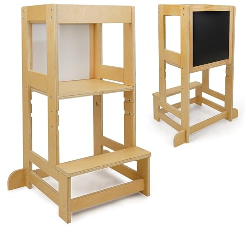 509 TORRO 2N1 Lernturm, Küchenhelfer für Kinder, Tritthocker, Montessori, mit zweiseitiger schwarzer Kreidetafel, weißer, trocken abwischbarer Tafel, Farbe Natur