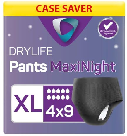36 x Drylife Maxi Unisex Incontinence Pull-Ups | XL | 3000ml | Night | Maxi Absorbency | Overnight Protection | Dry-Feel Layer | Anti-Leak Defence | Breathable Feel | Flexible Fit | 4 Packs of 9