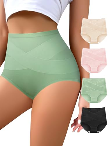QUASTI Women's High Waisted Underwear Tummy Control Cotton Postpartum Panties Full Coverage Briefs 4 Pack(L) Multicolor