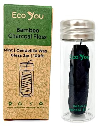 EcoYou Charcoal Bamboo Dental Floss with Glass Holder | Mint & Candelilla Wax | Reusable