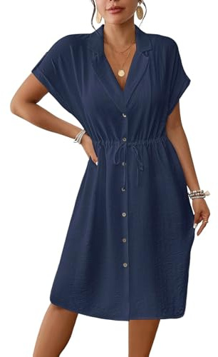Genfien Abito Estivo Donna Scollo a V Vestito Donna Maniche Corte Elegante Abito da Camicia con Botton e Tasche Casual Mare Spiaggia