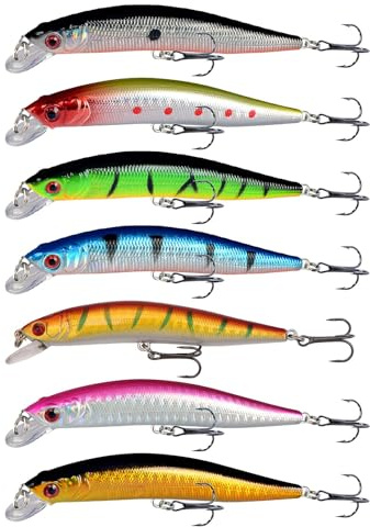 7Pcs Fishing Lures Sea Water Fishing Minnow Lures Topwater Swimbait Bass Trout Mackerel Fish Bait Realistic Hard Baits Popper Plugs with 3D Eyes for Saltwater Freshwater Multicolour