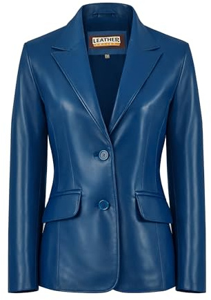 Leather Artist Everyday Leather Blazer Women Genuine Lambskin Leather Jacket Coat (LA-LC-Blue-XL)