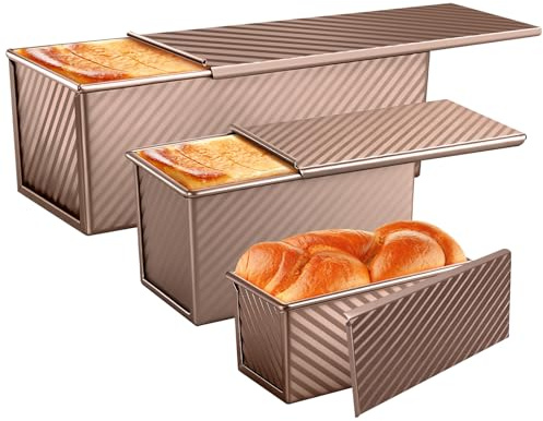 BAISHUN 3 Pack Pullman Loaf Pans, Bread Pans with Lids, Golden | Non-stick Carbon Steel Bread Pans for Homemade Sandwich and Baking Sourdough Bread, Corrugated Toast Mold