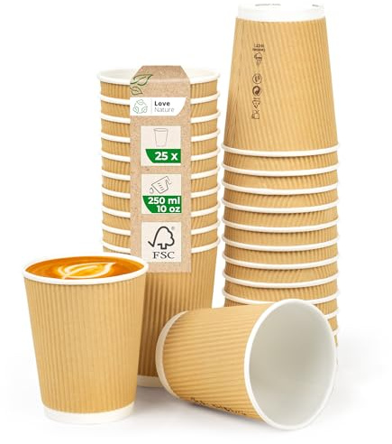 Love Nature Kaffemugg to Go 250 ml 10 oz – 25 stycken av kraftpapper – pappersmugg av brun kraftkartong för kaffe, te, varma och kalla drycker