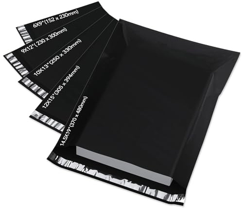 Lot de 50 enveloppes d'expédition (5 tailles différentes, 10 pièces chacune) – Matériau d'emballage en plastique pour l'expédition – Sacs d'expédition étanches et indéchirables (noir)