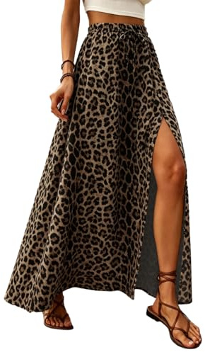 ABINGOO Falda Larga Mujer Verano A Línea Cintura Alta Elástica Bohemia Estampada Flores Playa Vacaciones Casual Maxi Faldas con Abertura(Leopardo,S)
