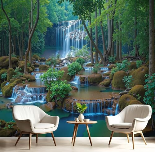 Verde Bosque Mural de Papel Tapiz de Seda con Cascada Un Denso Bosque – Fotomural Decorativo Natural para Sala, Dormitorio Infantil o Adulto – Paisaje Natural Diseño, 200 x 140 cm