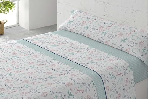 Juego de Sábanas Infantiles para Cama 90 cm, 3 Piezas con Bajera Ajustable, Encimera y Funda de Almohada, 52% Algodón y 48% Poliéster, Suaves, Transpirables y Resistentes para Niños,Jungla Azul
