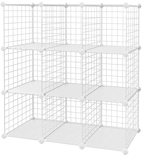 SONGMICS 9-Cube Wire Grid Storage Rack, Interlocking Shelving Unit with Metal Mesh Shelves and PP Plastic Sheets, for Books Shoes Clothes Tools, in Living Room Bathroom, White LPI115W