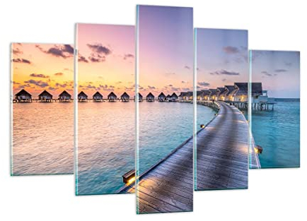 Quadro su Vetro 150x100cm Stampe da Parete in Vetro Maldive mare Grandi XXL Decorazione Murale Camera da Letto Cucina Set 5 pezzi Quadri Moderni Soggiorno Grafica Immagini Wall Art GEA150x100-4082