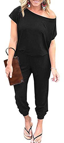 iChunhua Women's Jumpsuits Off Shoulder Short Sleeve Elastic Waist Romper with Pockets (Black,Small)