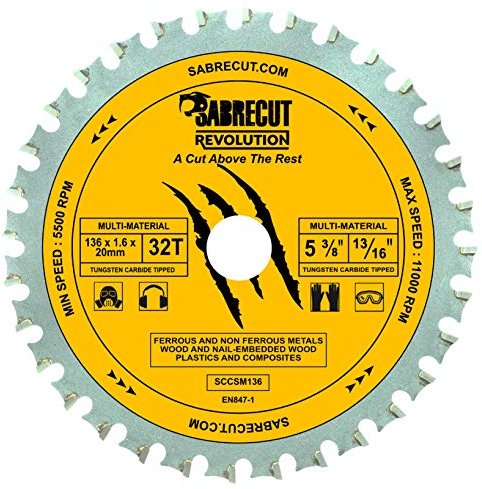 1 x SabreCut SCCSM136_32 136mm 32T x 20mm 16mm Bore Multi-Material Metal Wood Plastic Circular Saw Blade