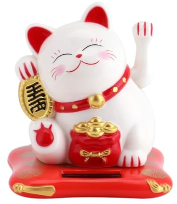 Hongzer Solar Powered Cute Waving Cat, Maneki Neko Waving Arm for Fortune Money and Good Luck, Fengshui Lucky Cat Swinging Arm for Home Display/Car Decor (White)