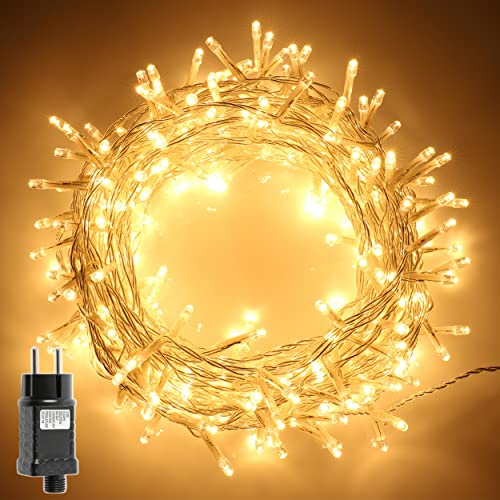 H HANSEL HOME Catena Luminsa Natale Esterno e Interno, Luci Albero di Natale con 8 modalità di illuminazione Impermeabile IP44, Luci LED Natalizie Cavo Trasparente (Luce Calda, 200 Led 10M)