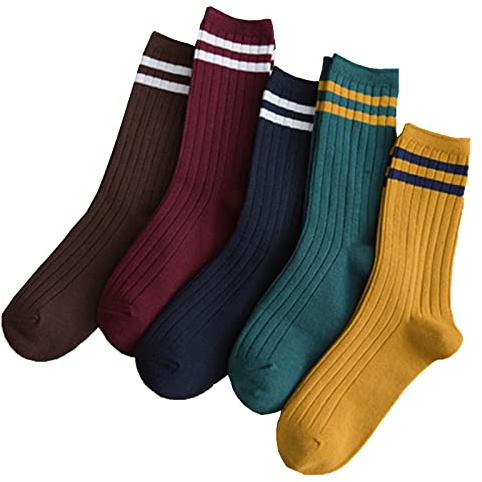 5 pares de calcetines deportivos a rayas a la moda, calcetines casuales y lindos vintage, calcetines para todas las estaciones para mujeres y niñas, Estilo a-Multicolor 1, Talla única
