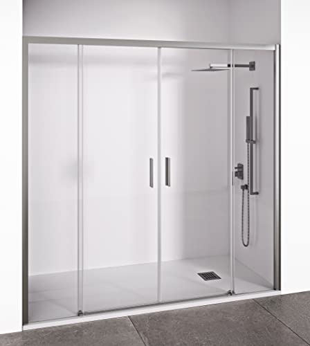 Mampara de ducha frontal 2 hojas correderas + 2 fijos sin perfilería inferior - Transparente - Cristal templado 6 mm - Perfilería Plata Brillo - Ancho adaptable 160-165 cm - Alto 195 cm - EIRE