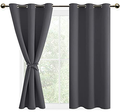 DWCN 2 Pièces Rideau Thermique Isolant Anti Froid à Oeillets, Rideaux Occultants Opaques de Couleur Foncée avec Embrasses, 106x160 CM (Largeur x Hauteur), Gris Foncé