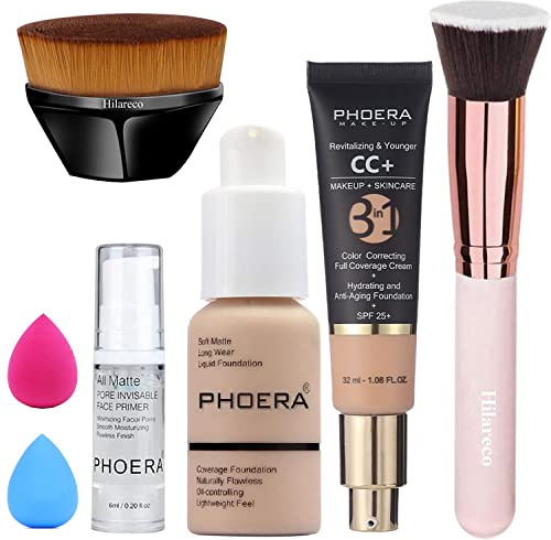 PHOERA CC Cream Foundation, Volldeckende Farbkorrigierende Creme, Anti-Aging Feuchtigkeitsserum Mit Mattem Natürlichem Finish (102+120CC/ Nude+Nude)
