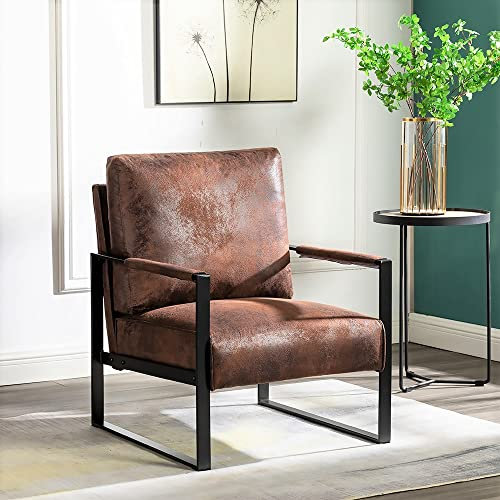 Container Furniture Classic Mid Century Modern Accent Chair with Durable Square Metal Frame, Armchair for Living Room, Bedroom, Home Office in Spotted Microfiber Upholstery, Chocolate