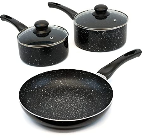 Leisurewize - 3-Piece Induction Pan Set | 2 Sauce Pan's with Lids, 1 Lightweight Frying Pan | Non-Stick Marble Coating Bakelite Heat Resistant Stainless Steel Base Induction Hob Pans LW701