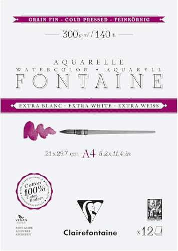 Clairefontaine 976047C Blocco Collato 2 lati Fontaine Extra Bianco - 12 fogli carta acquerello Extra Bianco 100% Cotone a grana fine - Qualità professionale A4 300g