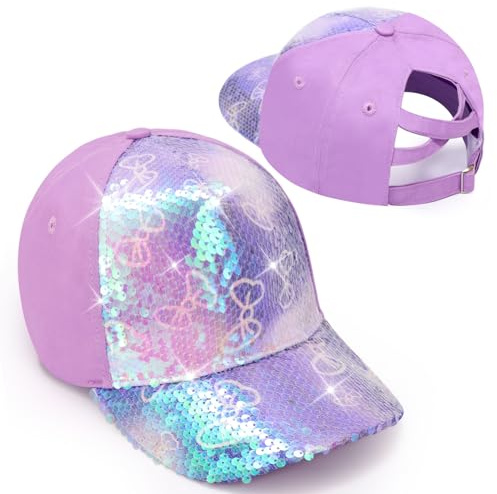 Yseoul Girls Glitter Baseball Cap Criss Cross Hat, Girl High Ponytail Hat - Kids Trucker Hat with High Bun Messy Ponytail(Ages5-15)