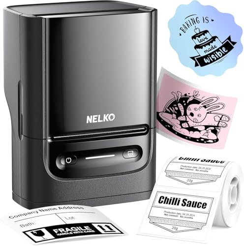 Nelko PM220 Bluetooth Thermal Label Printer, Portable Label Maker Machine for iOS & Android Phone, Label Maker for Clothing, Jewellery, Retail, Address, Barcode, Home, with 1 Roll 40x30mm（Black）