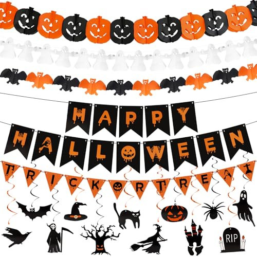 COCOMAX Halloweendekorationer, Happy Halloweenbanderoll, pumpa och spindel kransar, premium kvalitet återanvändbar halloween dekoration