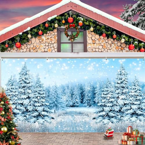 Grande décoration de porte de garage en forme de forêt hivernale de 2,1 x 4,9 m, forêt glacée, chute de neige, bannière de porte de garage, bannière de fond de flocon de neige, toile de fond murale
