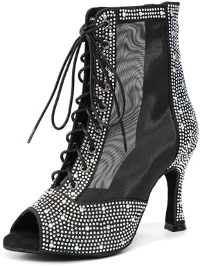 ZYXWVU Bottines de Danse Latine Femme Strass Bout Ouvert Bottines | Lacets Salsa Bachata Tango Bottines de Danse de Salon Talon de 9 cm, Semelle en Daim