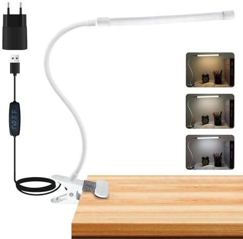 Akynite 8W USB Lampada da Scrivania con Pinza, Adattatore incluso, 3 Colore e 10 Intensità, Lampada da Tavolo per Manicure, Flessibile Luce Scrivania LED per Makeup Lavoro, Bianco