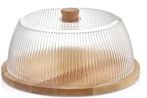 H&H-Linee, Porta Torta, in Polistirene Rigato Trasparente con Base in Legno, 24 cm - Idoneo al Contatto con gli Alimenti, BPA Free