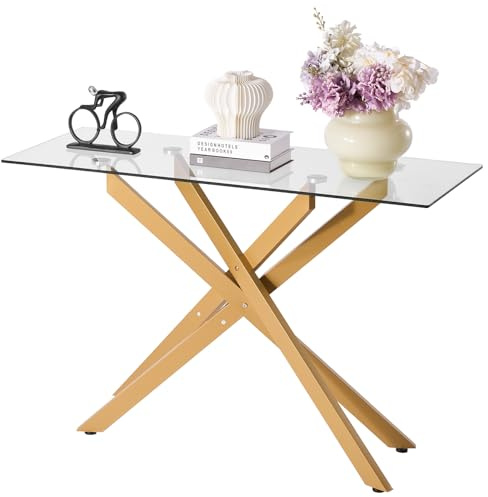 VEVOR Glass Coffee Table, Modern Rectangle Sofa Side Table with Tempered Glass Top & Iron Cross-Legs, Golden Geometric Consloe Desk with Adjustable Anti-slip Foot Pads for Living Room, Entryway, Foyer