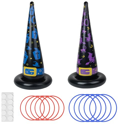 Halloween Ring Toss Game Set, 2Pcs Inflatable Witch Hats with 10Pcs Plastic Rings for Halloween Party Games Indoor Outdoor Party Supplies
