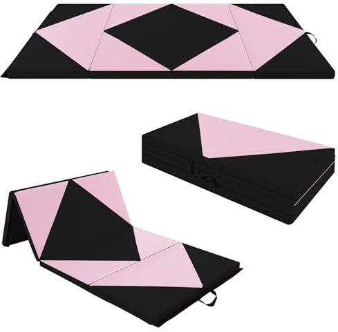 COSTWAY Gymnastics Exercise Mat, 8FT/10FT Tumbling Mats with High Density 5cm Thick Foam, Carry Handles, Folding Fitness Floor Mat for Yoga Pilates (Black + Light Pink, 8FT)