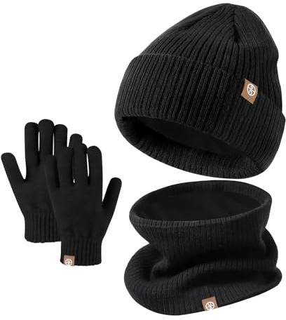 Ensemble bonnet, écharpe et gants d'hiver pour enfants UNNESTAR - Bonnet tricoté thermique avec chauffe-cou en polaire douce pour enfants âgés de 2 à 8 ans, Noir , Taille unique
