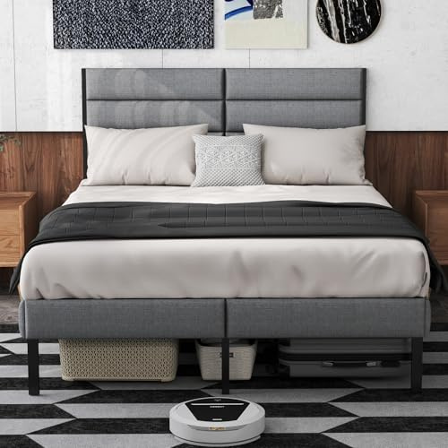 yenlacy King Bed Frame with Upholstered Headboard, Strong Metal Platform Bed Frame with Underbed Storage, Noise-free, No Box Spring Needed, Metal Slat Support King Bed, 150x200 cm, Grey