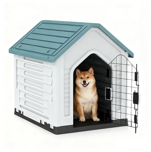 GYMAX Caseta para Perros, Casa de Plástico para Perros con Puerta Metálica Bloqueable, Techo Inclinado, Buena Ventilación, Refugio para Animales Adecuado para Interior, Exterior (Blanco+Azul)