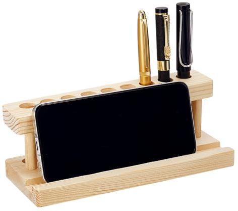 PH PandaHall Soporte de madera para bolígrafos, soporte de madera para lápices, organizador de bolígrafos de madera maciza con 9 ranuras y soporte para teléfono para escuela, oficina, tienda en casa