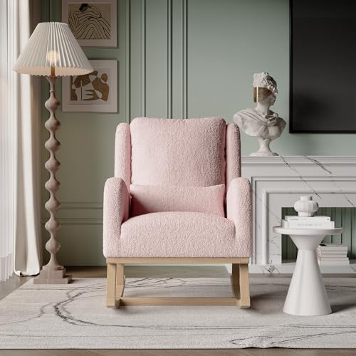 CXHLXYR Poltrona moderna con base in legno e cuscino lombare, imbottita con tasca laterale e braccioli, sedia a dondolo allattamento per soggiorno, ufficio o camera da letto (rosa, 4)