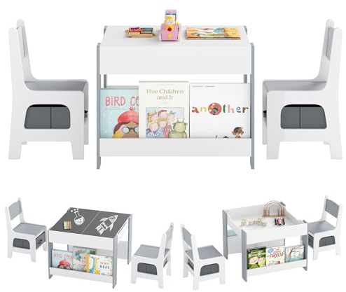 COSTWAY Barnbord med 2 Stolar 3-delar – Dubbelsidigt Aktivitetsbord med Krittavla & Whiteboard, Bokhylla, Förvaring och Barnvänliga Trästolar för Barn 3-6 År (Grå)