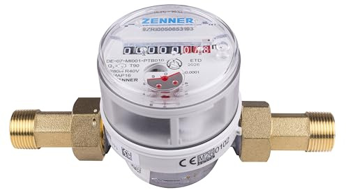 Zenner Contatore acqua 1/2 pollici, acqua fredda e calda, lunghezza 80 mm, con raccordo a vite e set di guarnizioni, taratura 2026