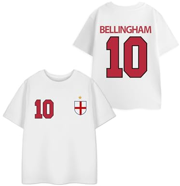Show Me The Merch Bellingham 10 White Red Graphic Tee | Kids Short Sleeve Football Jersey Top | England Shield Crest Sports T-Shirt | Classic Crew Neck Player Number Merchandise - 13-14 Years