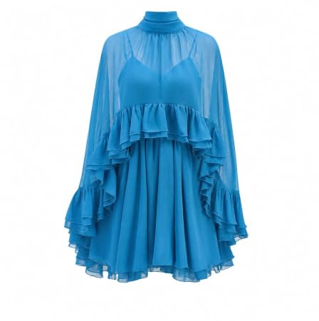Dam halvskir chiffong volang klänning med yttre cape poncho-ärm blommig miniklänning arbete kontor vardag utflykter dejter fest